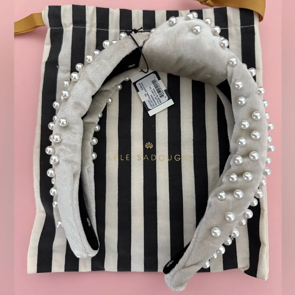 Lele Sadoughi ♡ Ivory Pearl Velvet Knotted Headband - Picture 2 of 4